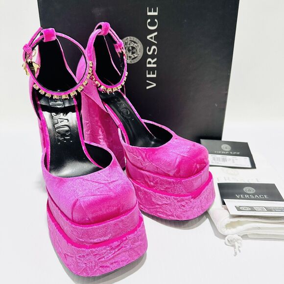 Versace Aevitas 39/ 9 Platform Pink Velvet Shoe Pump Crystal Medusa NWB $1,575 - Picture 5 of 16